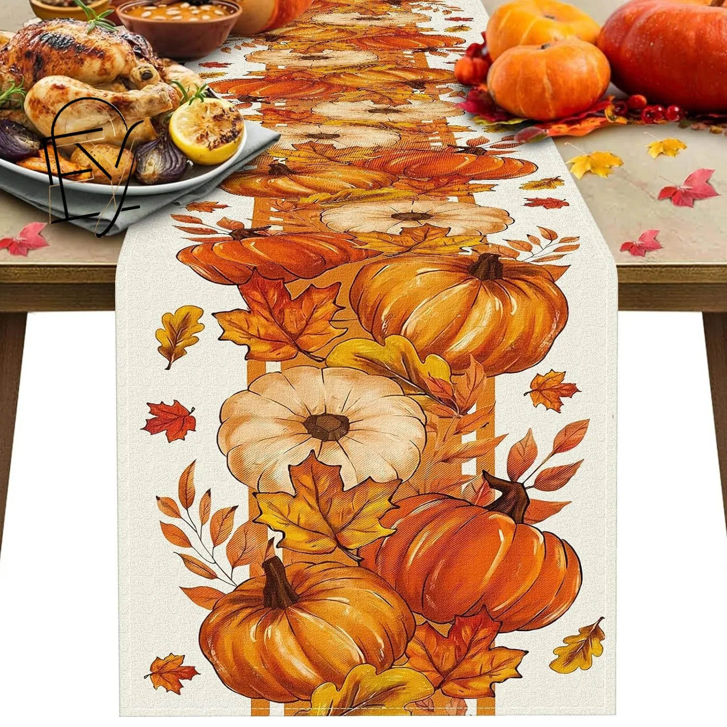 Linen Table Runner Off White with White Pumpkin Maple Leaf  Red Berry Autumn Kitchen Table Decoration