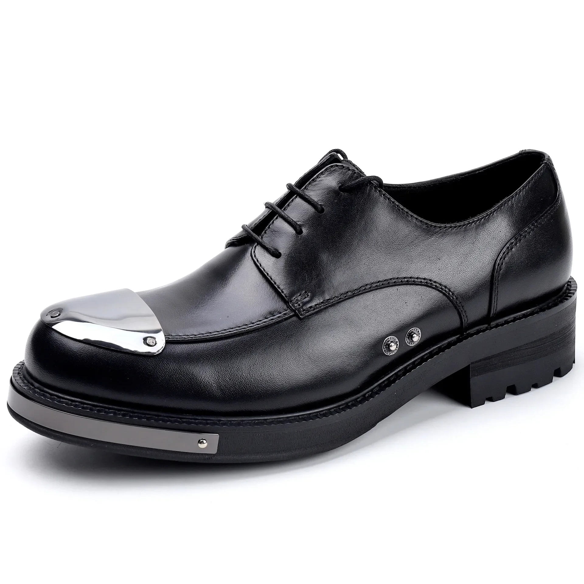 Men's  Dress Formal Single Shoes Metal Rivet Cowhide Thick Soled Lace Up British Leather Shoes Trend