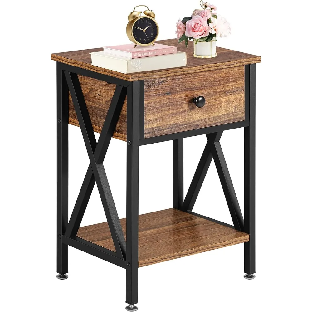 Modern Side End Table, Nightstand Storage Shelf with Bin Drawer for Bedroom, Lounge