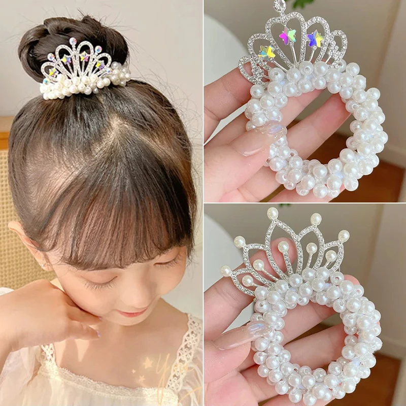 2PC Fashion Pearl Crown Princess Hair Bands Elastic Rubber Bands Children Ball Hair Bun Ties Hair Styling Accessories