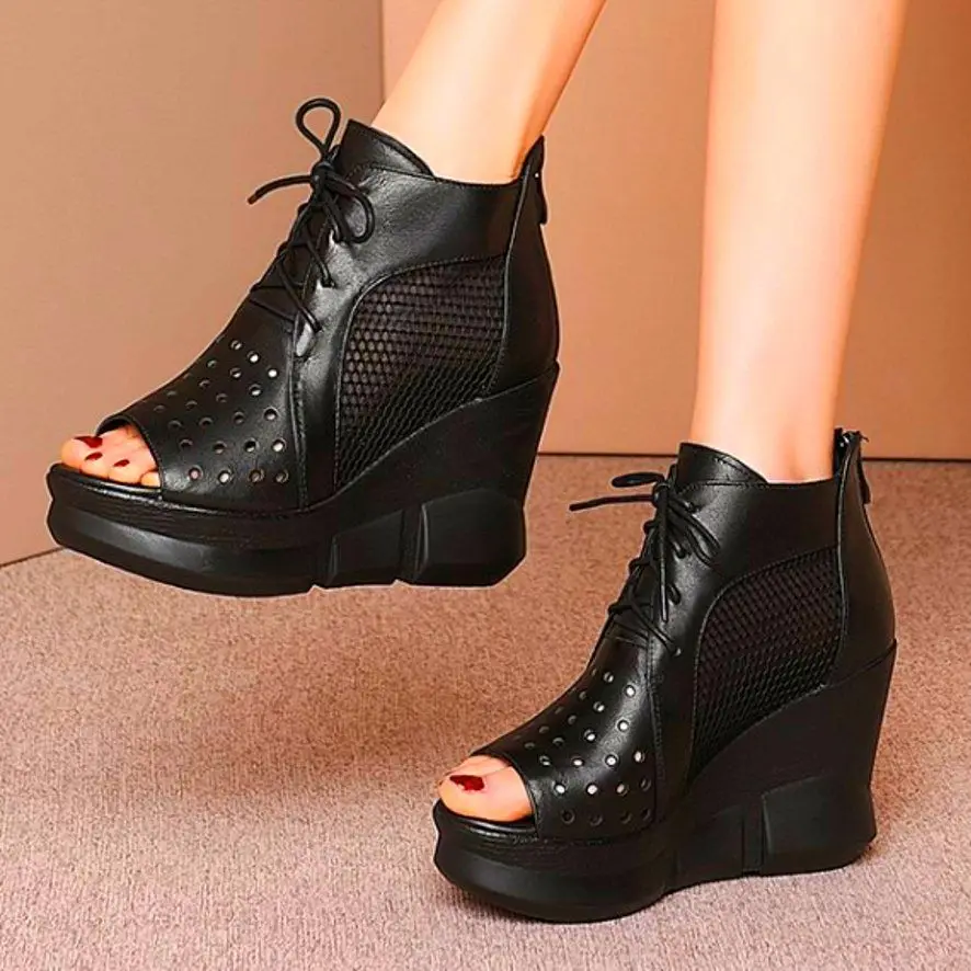 

Summer Ankle Boots Women's Genuine Leather Open Toe Sandals Platform Wedge High Heels Comfort Summer Creeper Pumps Party Shoe