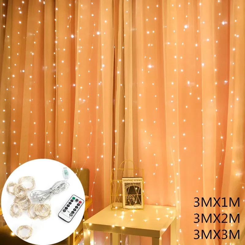 3M LED Curtain Garland USB String Lights with Remote Control - Indoor Christmas Decor for Window Fairy Festoon Lights