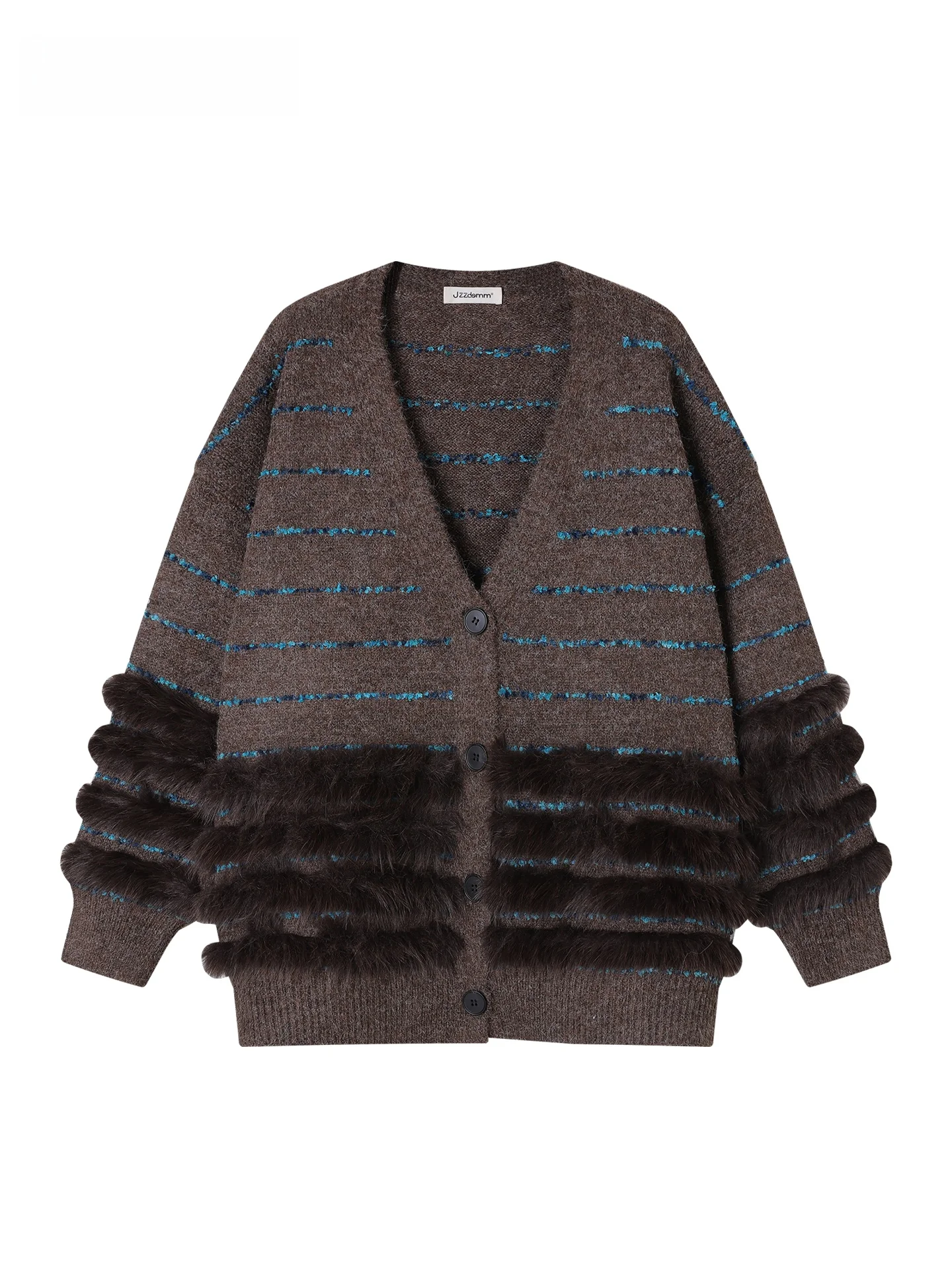 

JZZDEMM Furry Striped Knitted Open Cardigan Women's Loose Lazy Faion High-End Feeling Outerwear Autumn Winter V-ne Button