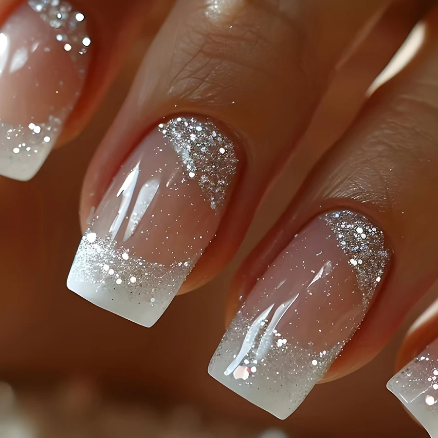 24 pièces moyen Long brillant carré scintillant blanc Style français portant des ongles, faux ongles doux et doux, Nail Art de mariée pour femmes