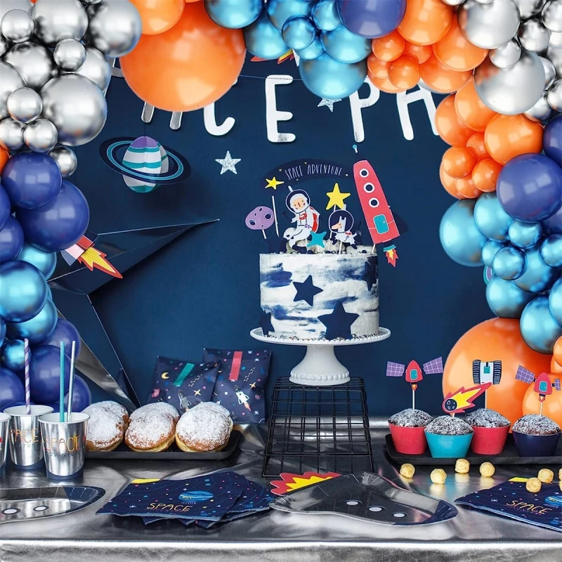 97Pcs A set of Navy Blue Orange Metal Silver Blue Balloon Arched Set Space Theme Birthday Party Decoration