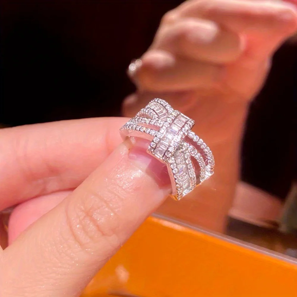 1Pc Shiny Gorgeous Cross Ladder Synthetic Zirconia Ring Girls Ladies High Quality Jewelry Gift Anniversary Ring Valentine's Day Gift