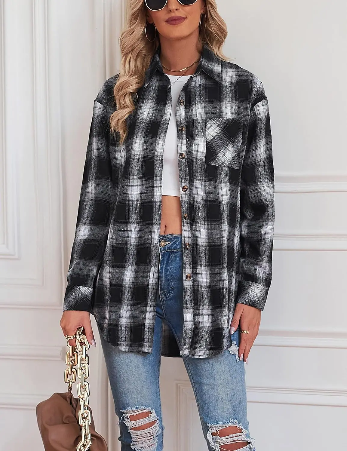 Pregnant women\'s new foreign trade European and American lapel loose button flannel shirt plaid long sleeved top jacket