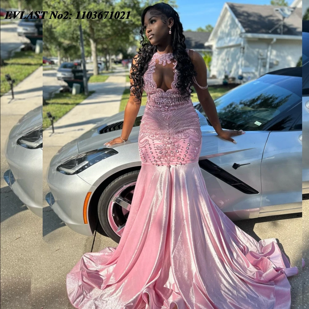 

EVLAST Customized African Pink Long Prom Dress For Black Girls Crystal Beaded Mermaid Formal Party Gown Vestidos De Festa E2P159