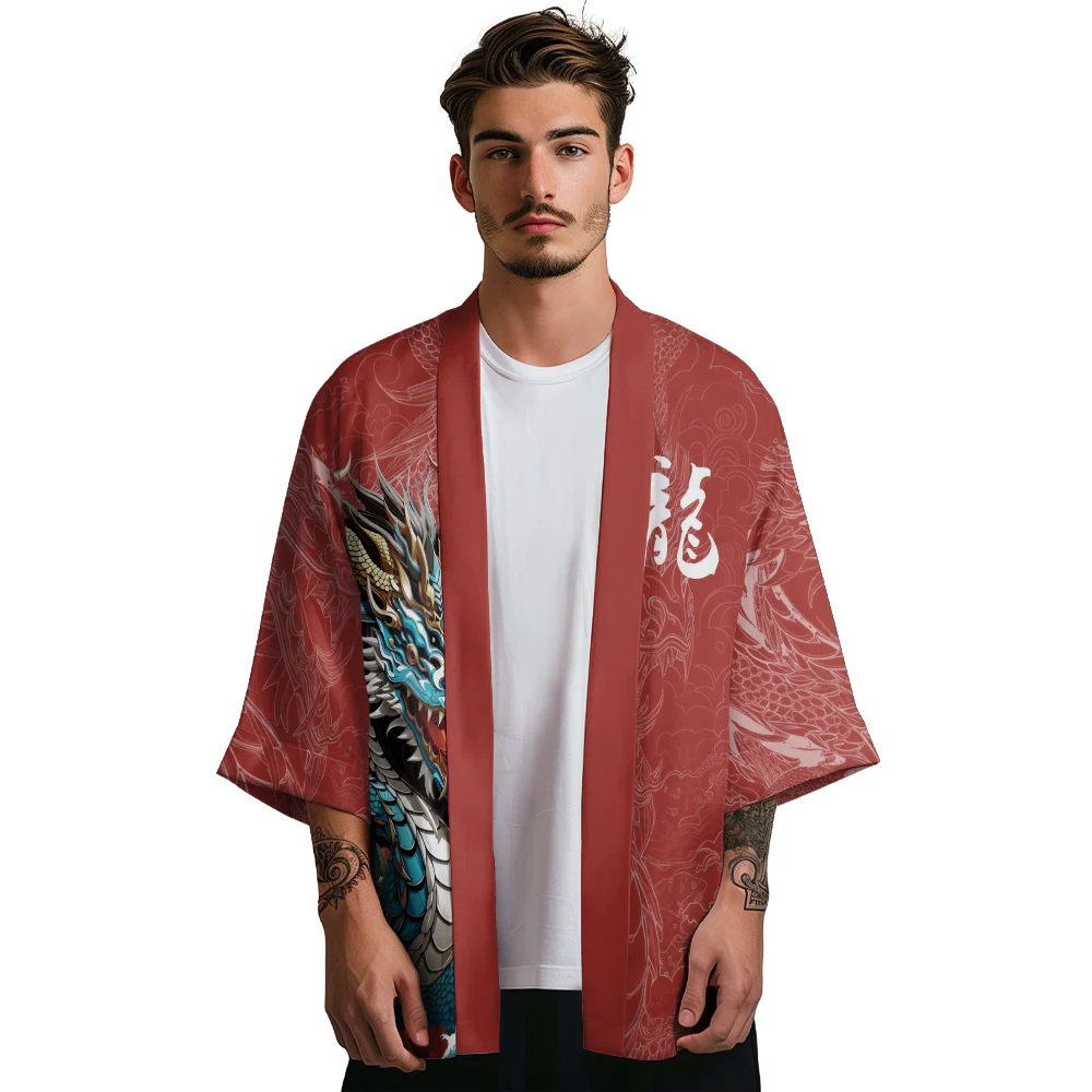 Summer Kimono Men Hawaiian Shirt Beach Cardigan Lucky Dragon Kimono Fashion Women Yukata Japanese Clothes Bathrobes Haori