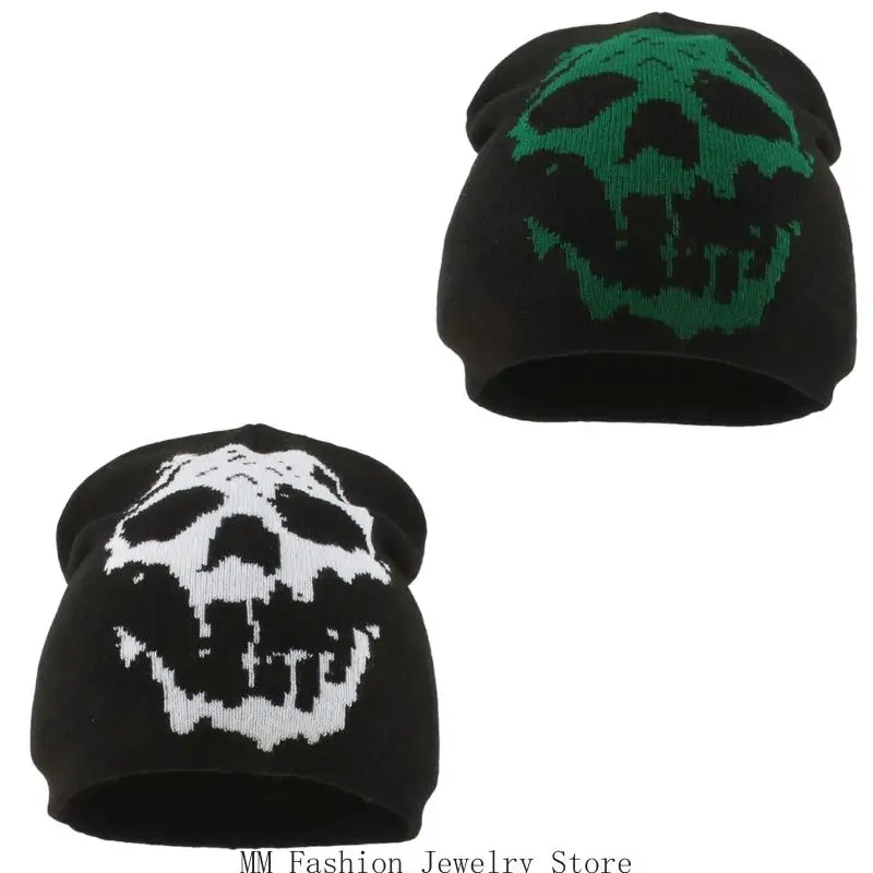 D0UB Halloween Anime Skull Knit Elastic Winter Hat For Anime Enthusiasts