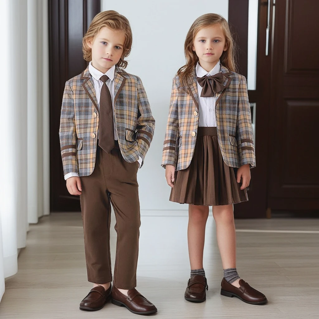 Boys Girls Uniform Suit Spring 2025 Children Formal Blazer Set Fashion Plaid Group Choir Graduation Costume 4-16 Y Kids Clothes