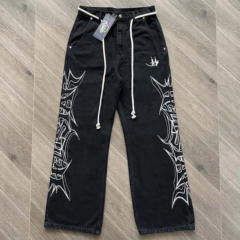 HS Heavy-duty retro-style streetwear trousers with printed patterns on the sides and drawstrings