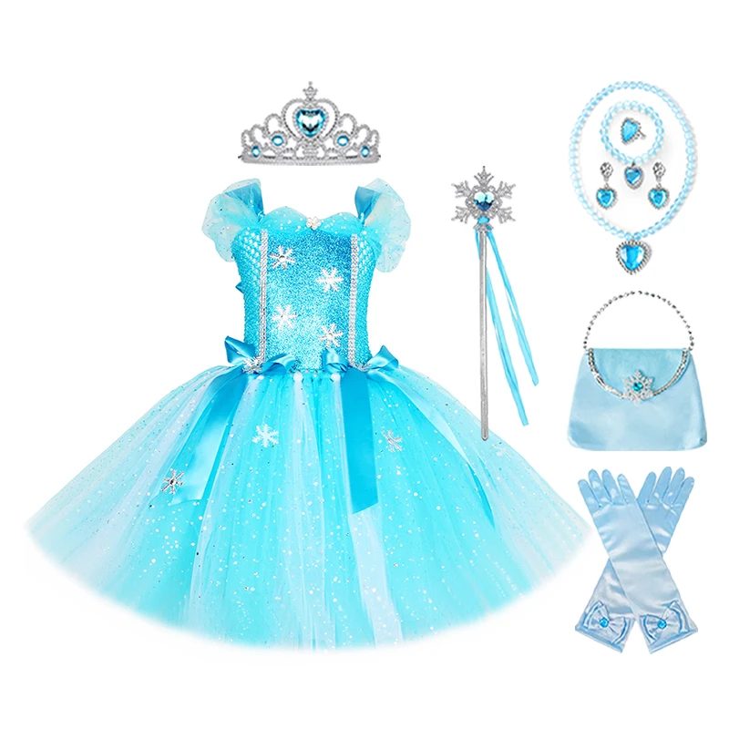 Costume de Princesse Elsa avec Couronne, Baguette Magique, Sac, Collier, Bracelet, Bague, Boucles d'Oreilles, Reine des Neiges, Cosplay