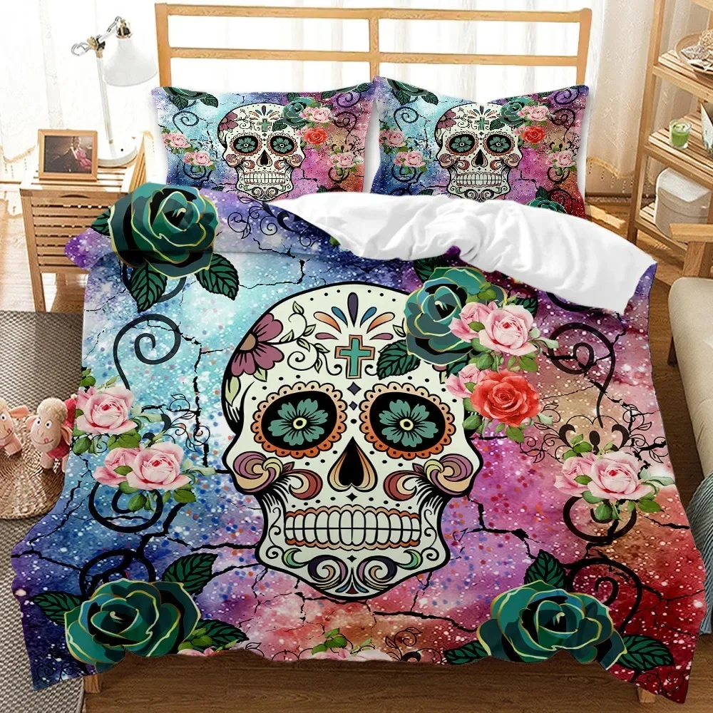 

Halloween Skull Duvet Cover Set Queen Size Black Gothic Skeleton Paisley Floral Bedding Set Polyester Comforter Cover