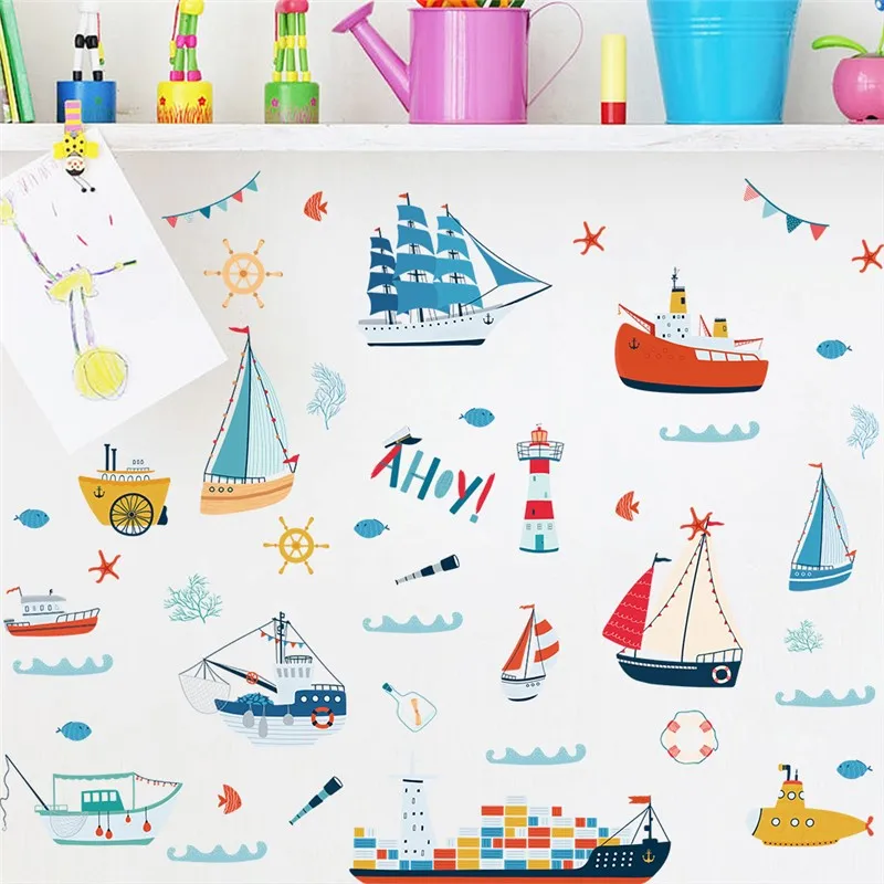 Sail Boat Cargo Ship Submarine Pattern Wall Sticker For Kids Room Bathroom Decoration Sea Mural Art Diy Home Decals Pvc Poster