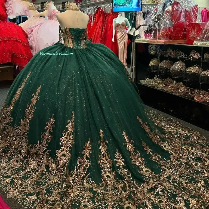 Green Tulle Pricess Quinceanera Dresses Sheer Corset Gold Lace Women Party Gowns Ball Gowns Sweet 15 Dresses vestidos de 15 años