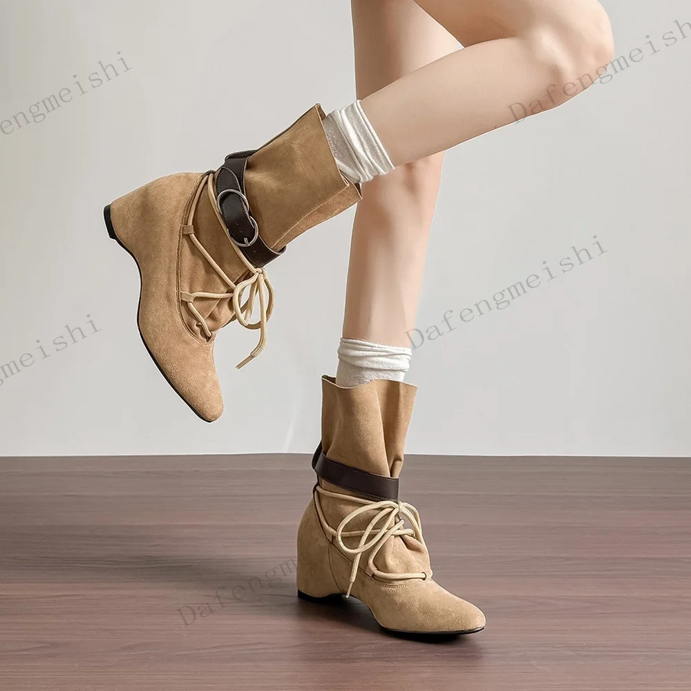 Women Suede Wedge Ankle Boots Round Toe Lace Up Buckle Decor Mid Calf Boots 7Cm Internal Increase Fashion Autumn Winter Shoes
