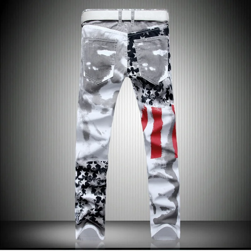 Men's white American flag printed jeans with high elasticity, slim fit, European and American pentagram men's plus size pants
