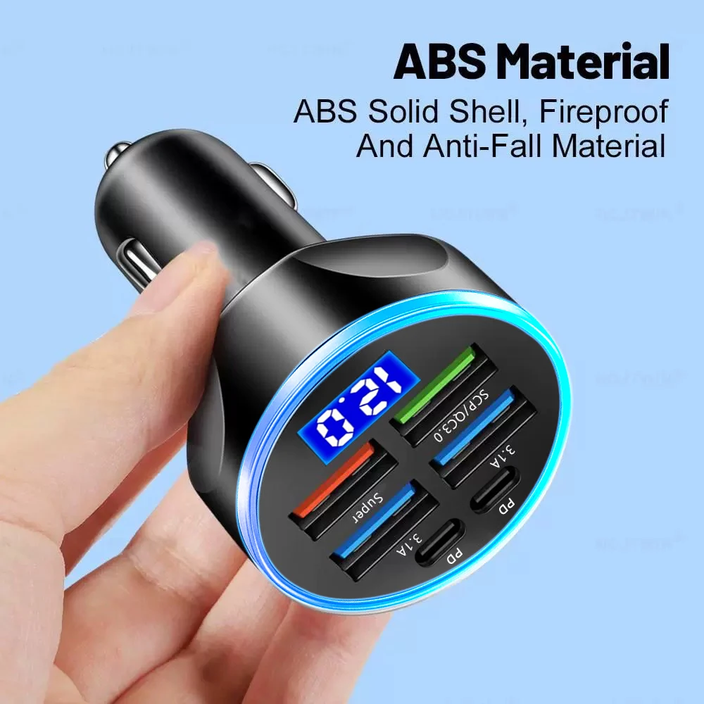 66W Car Charger QC3.0 Fast Charge 4 USB+2 PD 6-Port Car Cigarette Lighter Plug Flash Charge with Digital Voltage Display 12-32V