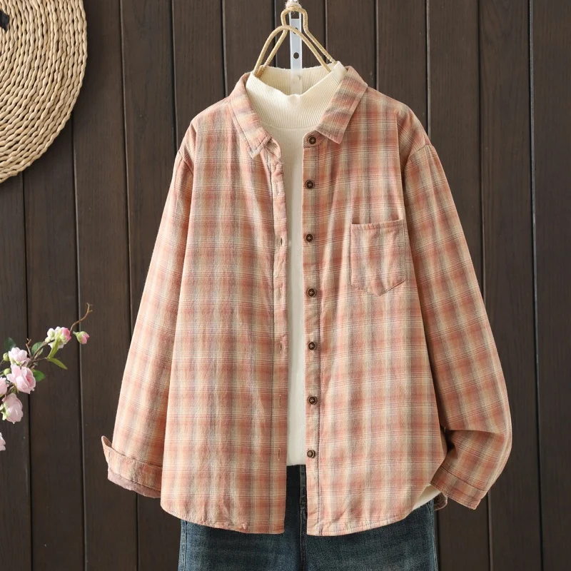 Plaid Cotton irt Women's Casual Loose Fit Warm Inner Wear Long Sve Top for Autumn Winter Vintage Sle Button down