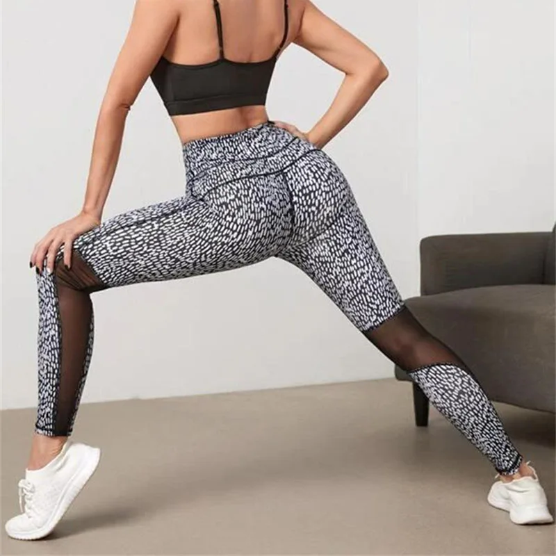 Hot Fashion Mesh Patchwork Leopard Leggings Women Leggins Female Elastic Pant High Waist Women Fitness Push Up Sport Legging XL