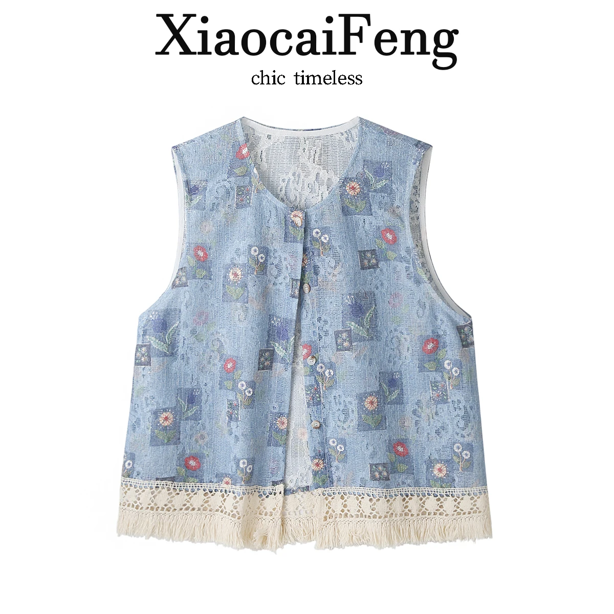 

Retro Floral Hollow out Tassel Vest Women's Summer Thin Style Age-Defying Layering Sleeveless Shoulder Pad Top Trendy