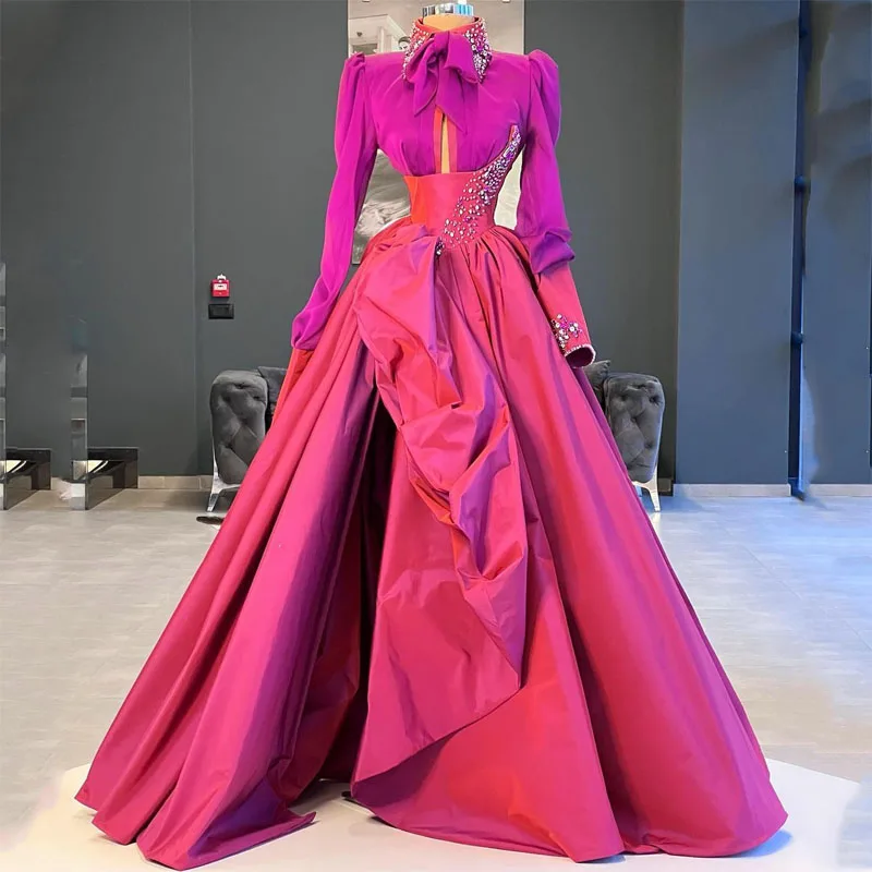 

Luxury Elegant Prom Dresses High Neck Long Sleeves Corset Crystals Split Satin Gown Women Evening Pageant Dress Custom Made