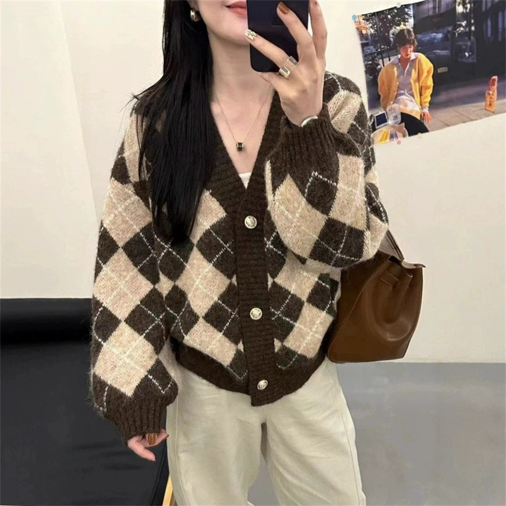 

Осень-зима 2021, женский ретро-контрастный свитер с ромбовидным узором, кардиган, новый ленивый стиль, вязаный кардиган с v-образным вырезом и длинными рукавами