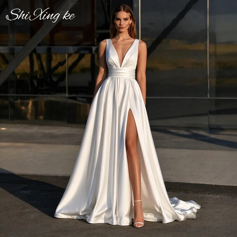 Simple A Line Satin Bridal Gown Deep V Sleeveless High Slit Modern Wedding Dress Vestidos De Novia Customized