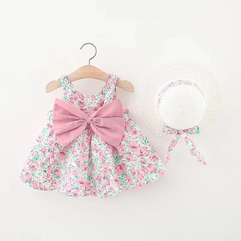 2 pieces a set with Hat New girl floral dress sweet summer bow toddler beach dress for children aged 0 to 3 newborn clothing