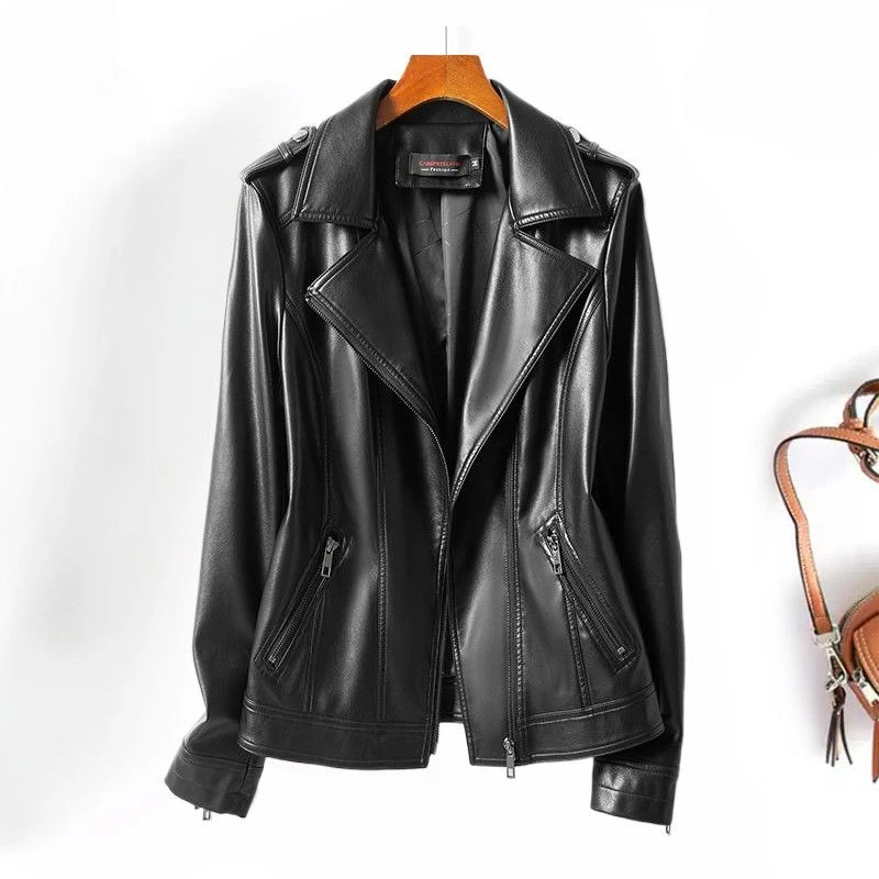 

Korean version fashion PU leather jacket women spring new slim fit high street cool diagonal zipper design versatile coat