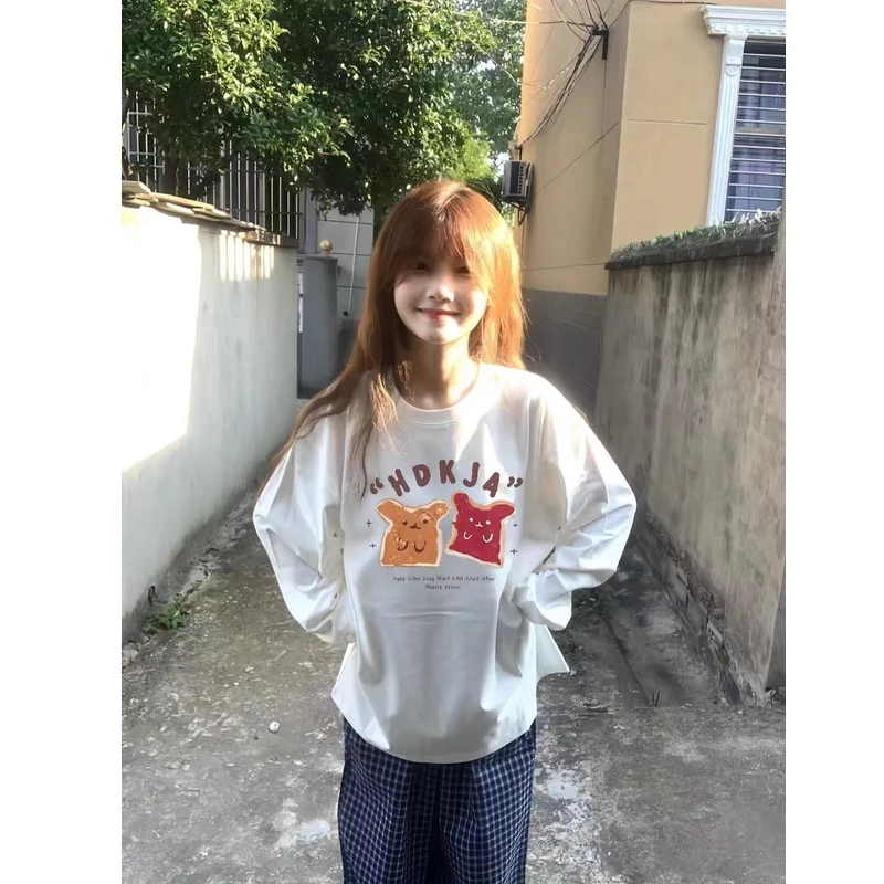 Leuke Cartoon Print T-shirt Vrouwen Herfst 2025 Nieuwe 100% Katoen Koreaanse O-hals Lange mouwen T-shirt Casual Y2k Top kawaii kleding