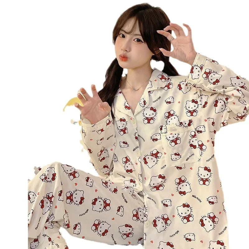 Cartoon Sanrio loungewear women's pajamas autumn cotton long-sleeved trousers casual two-piece set HelloKitty silk pajamas women