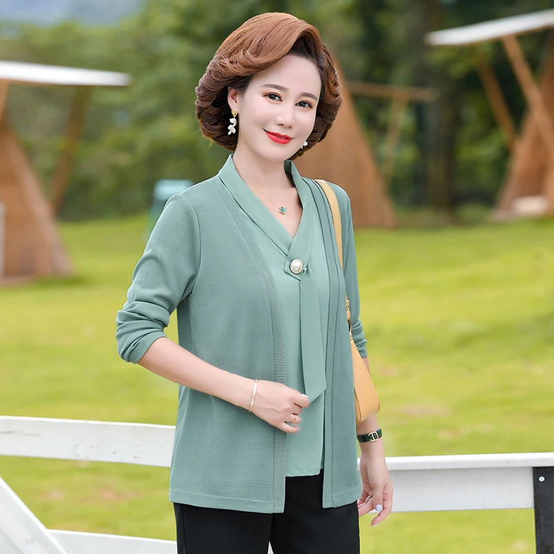Fake Two Pieces solid color streamer T Shirt Women Long Sleeve Top Pullovers Spring Fall New Mother Tee Shirt Femme 2022