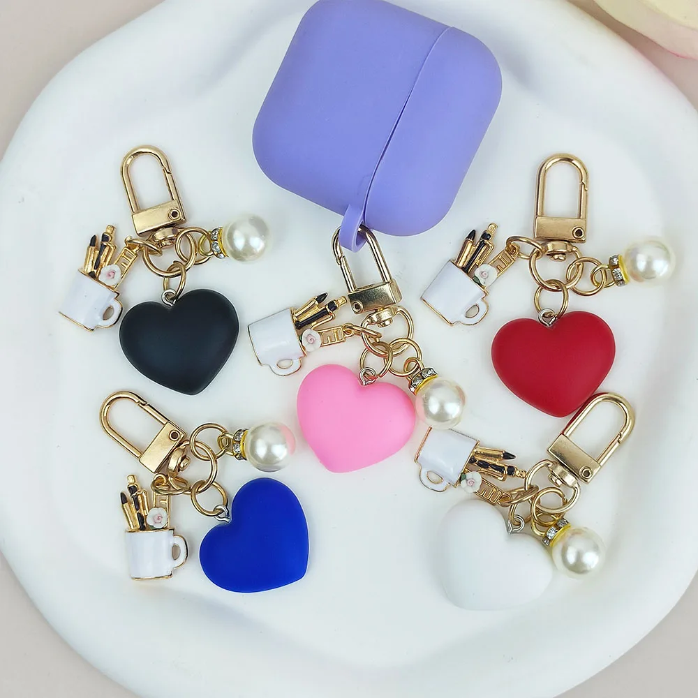 Frosted Heart Keychain With Pearl Charms Pen Holder Ball Pendant Keyring Headphone Case Decor Bag Ornaments Accessories Gift