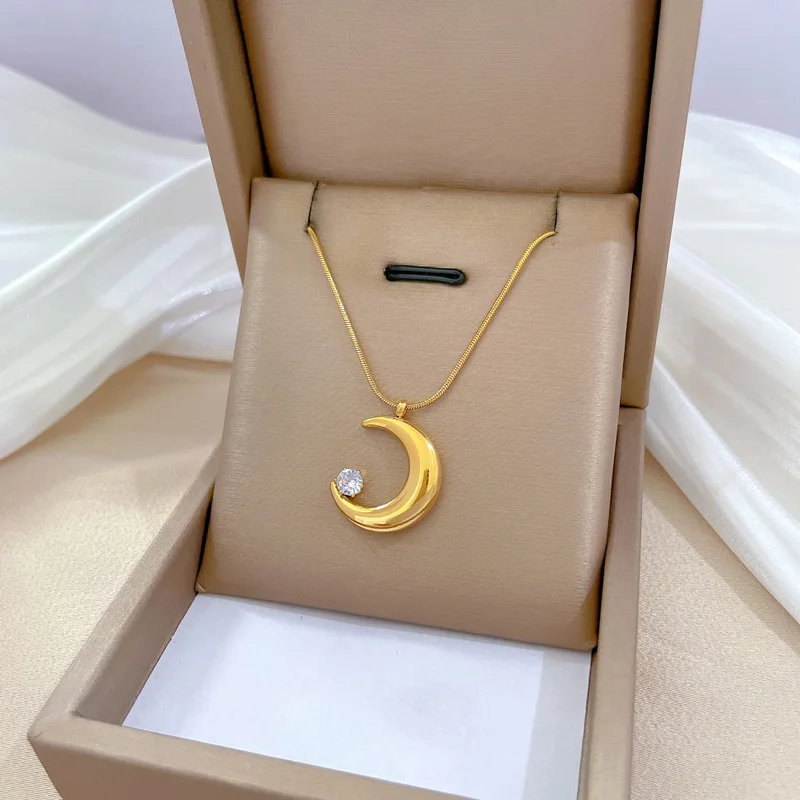 OIMG 316L Stainless Steel Gold Plated Korean Romantic Moon Pendant Neckalce For Women Girls Rustproof Luxury Jewelry No Fade