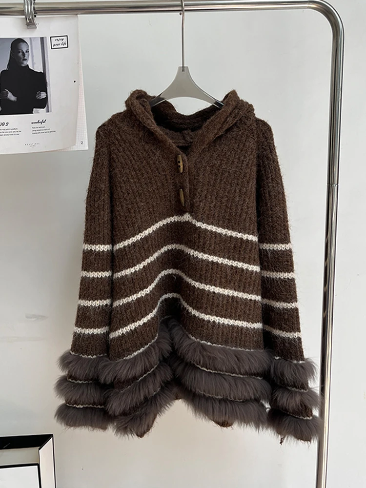 

2025 New Fashion Autumn Knitted Sweater Cardigan With Hooded Real Fox Fur Female Natural Fur Stripe Cardigans Outwear