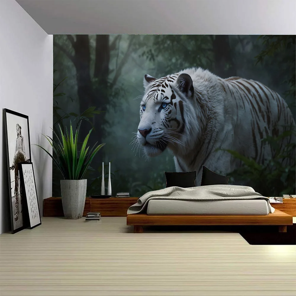 

Jungle White Tiger Printed Wall Hanging Tapestry Living Room Lion Bear Leopard Animal Home Decoration Magnificent Scene