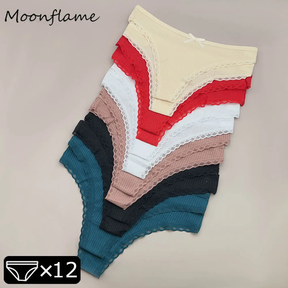 

Moonflame 12Pcs Women's Cotton Underwear Lace Thongs Solid Color Low Waist Bikini Panties Ladies Breathable G-string Lingerie