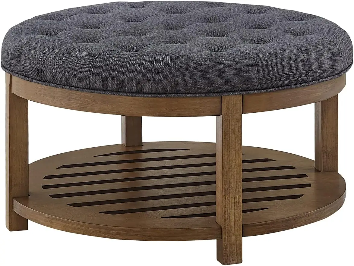 Large Round Upholstered Tufted Linen Ottoman Coffee Table, Large Footrest Ottoman