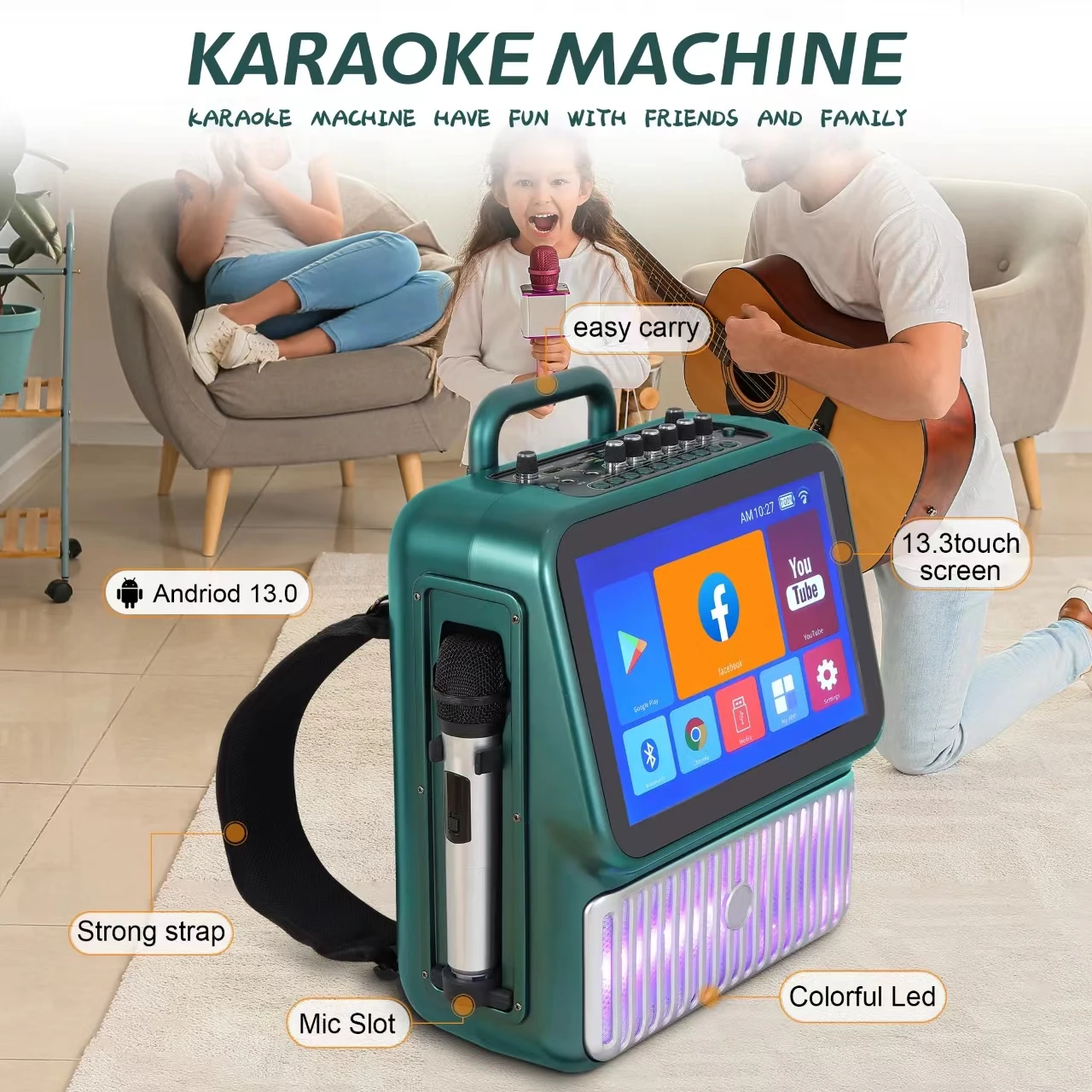 Private Plastic Portable Karaoke Machine with Lyrics Display touch Screen easy carry with strong strap