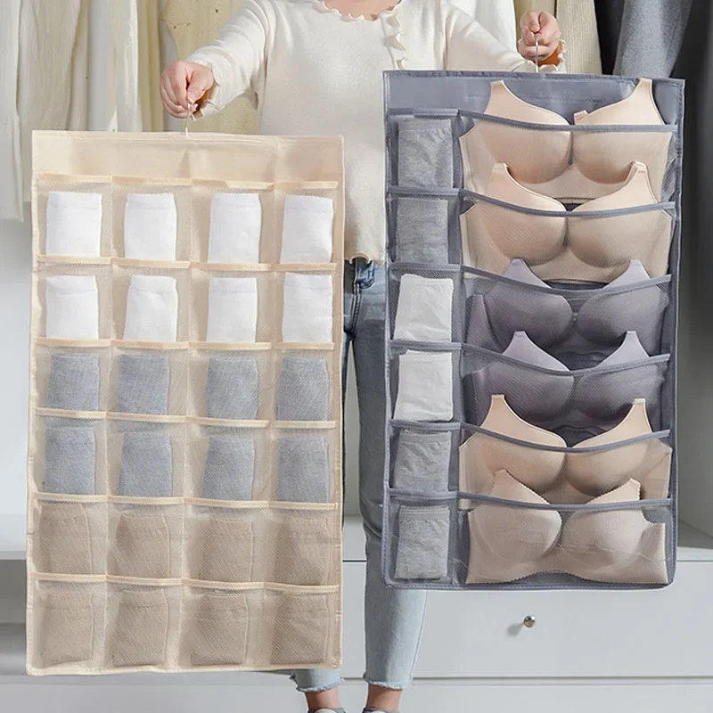 

Dual-Sided 30-Pocket Foldable Clothing Storage Bags - Wall Cabinet Hangers for Organizing Bras, Underwear, & Socks