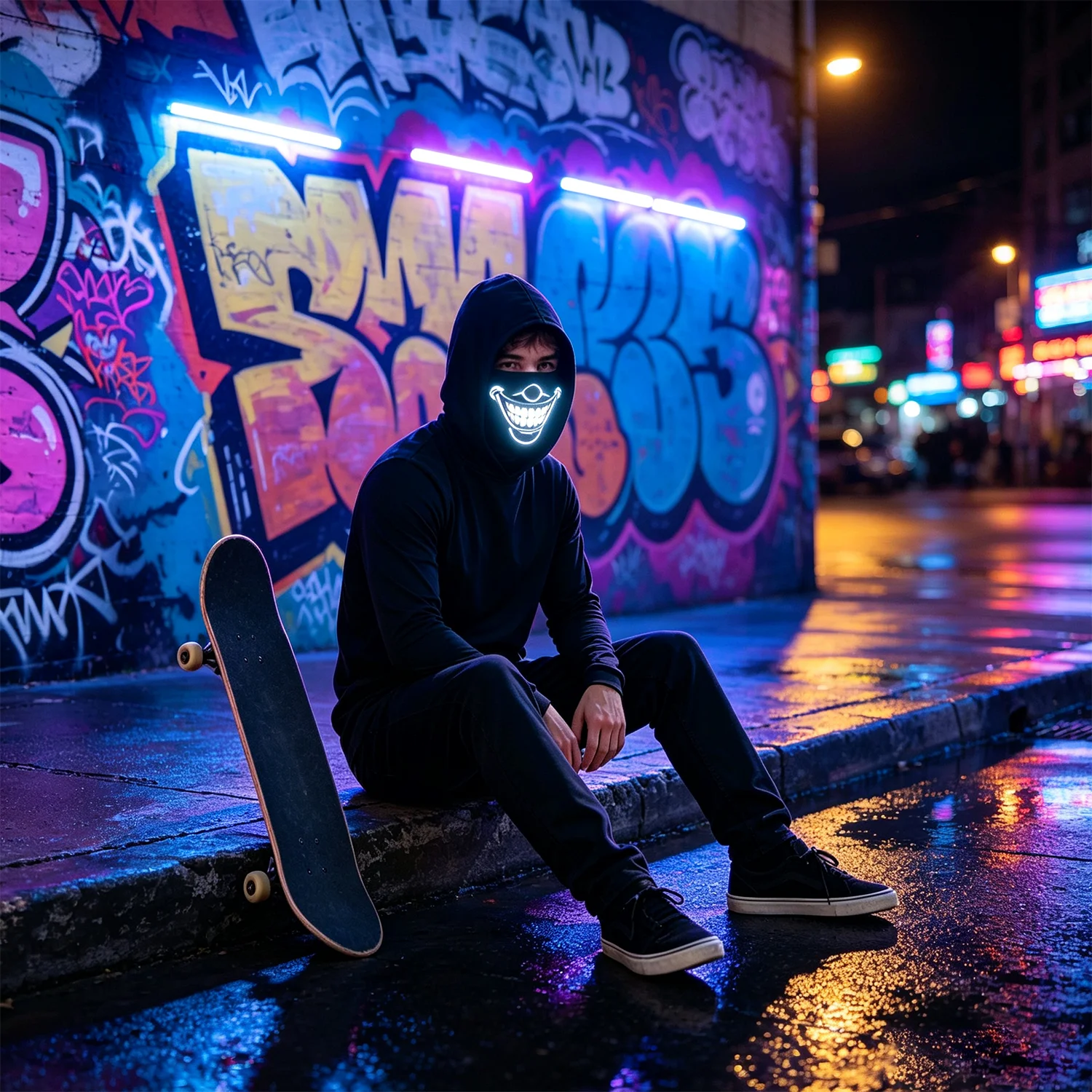 Fotografia 7: Camisa de Manga Longa com Capuz Integrado para Homens, Estampa de Rosto Sorridente Assustador, Hoodie de Secagem Rápida e Alta Elasticidade, Cosplay de Halloween