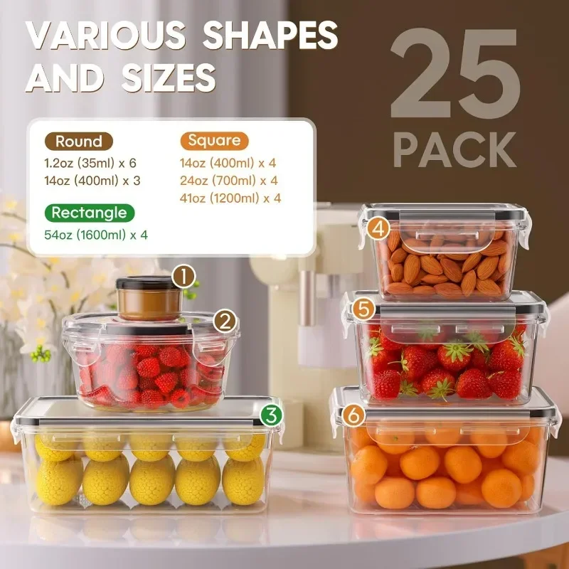 50 count Food Storage Containers with Lids Airtight, Extra Large to Small Containers-Total 581.2oz,  Stackable