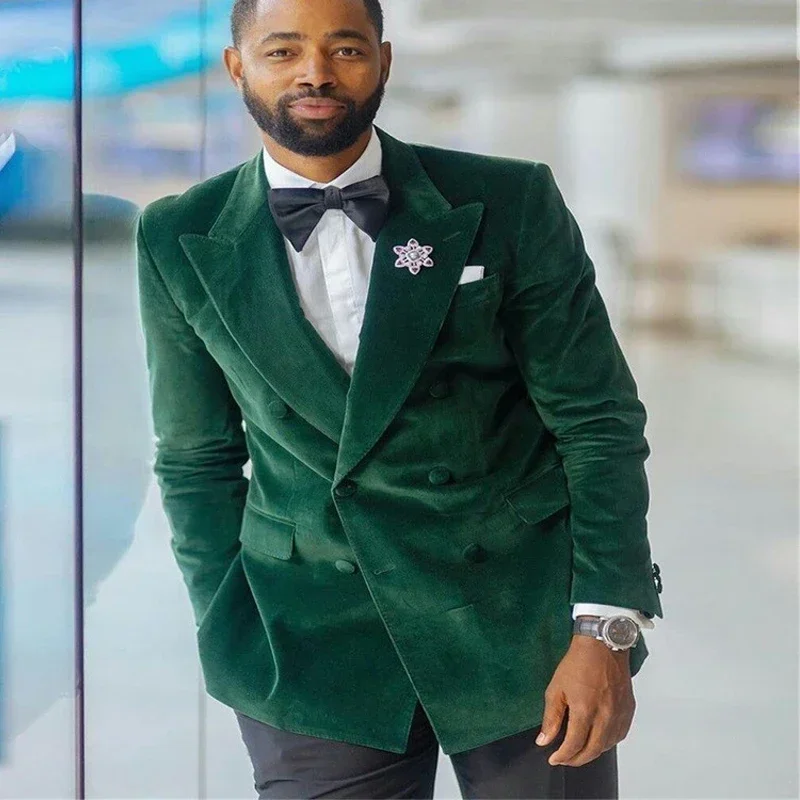 Green Velvet Suits For Men With Double Breasted Slim Fit 2 Piece Blazer With Black Pants Male Wedding Groom Tuxedo 2025