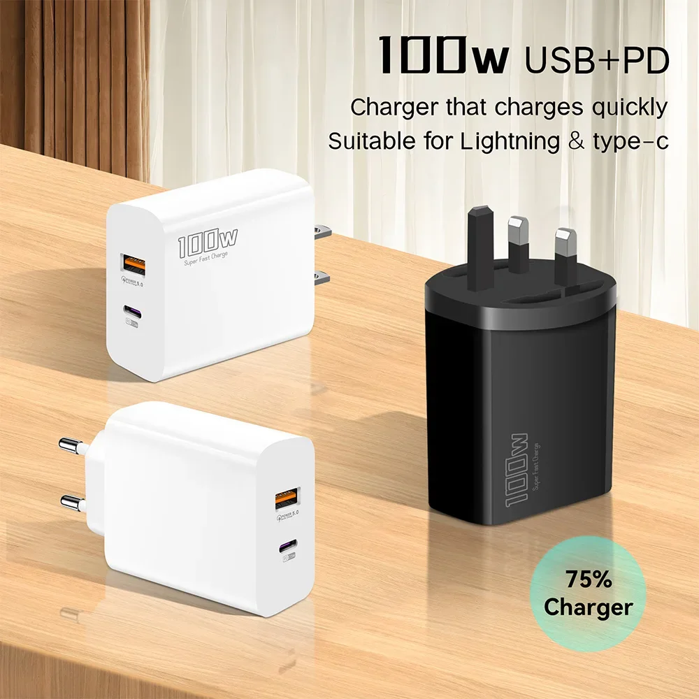 Elough 100W EU/UK/US Fast Charge Adapter USB C + USB A Super Charge Mobile Phone For Huawei Samsung Iphone Tablet - náhled 2
