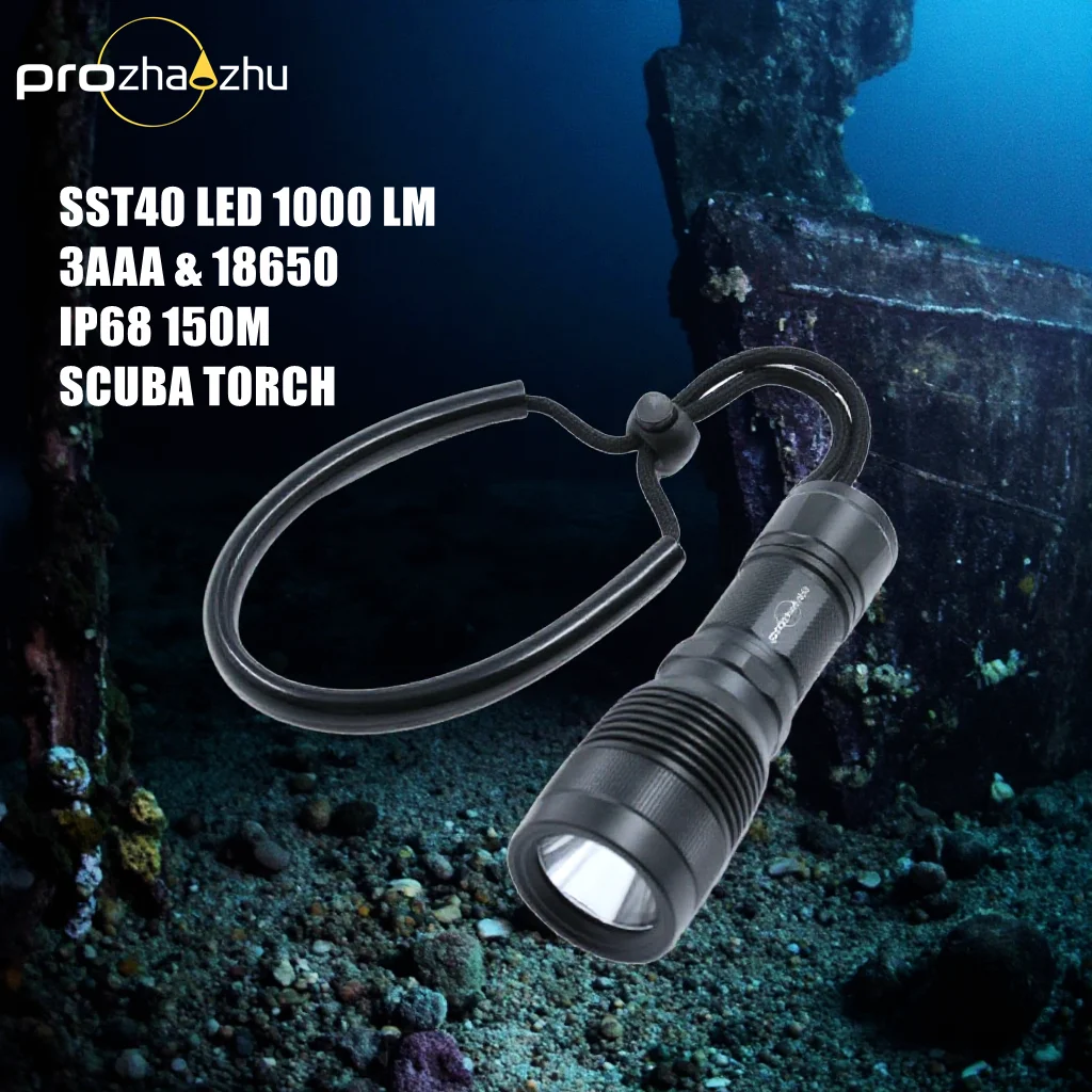 Kleine Led Duikzaklamp Ip68 150 Meter Onderwater Duiklantaarn 1000 Lumen 3aaa 18650 Draai Aan/Uit Back-Up Scuba Zaklamp