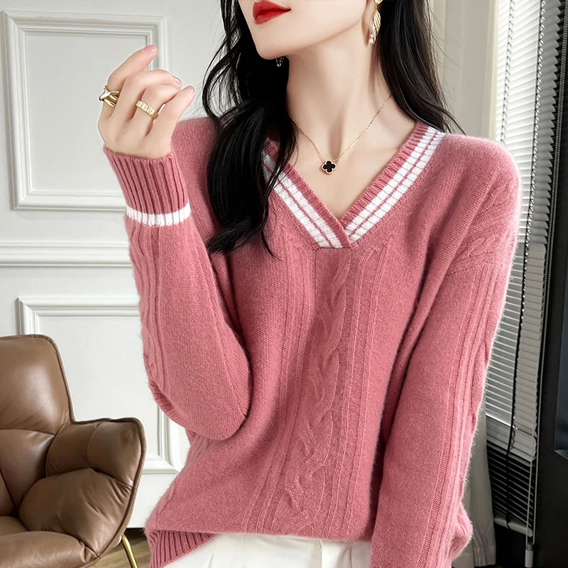 Wheat autumn and winter new 100% Merino wool cashmere cardigan Women's V-neck cardigan warm bottom knit shirt top