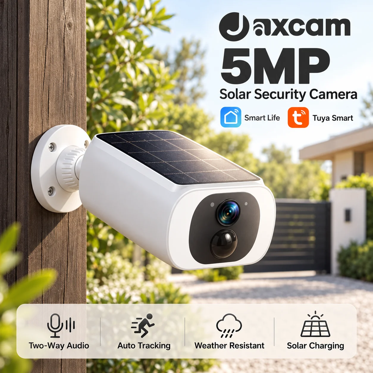 Jaxcam 5MP Wireless Solar Camera Outdoor Surveillance Integrated Battery Wifi Camera Humanoid Detection Flash Alarm Night Vision