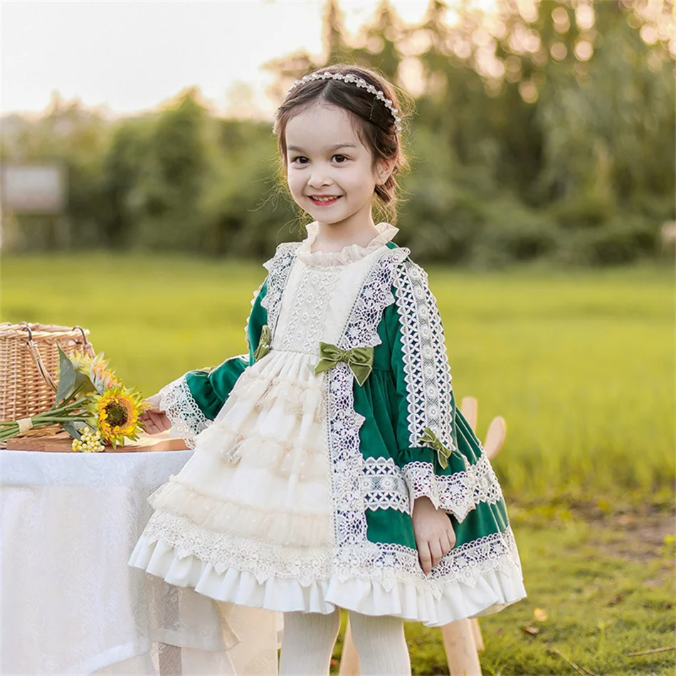 Kids Spring Autumn Lolita Dress Princess Long Sleeves Fancy Luxury Cute Costume Girls Floral Lace Vestido Toddler Birthday Gift